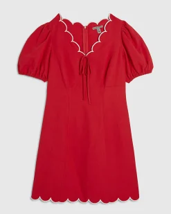Red Linen Blend Scallop V Neck Dress