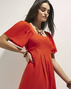 Red Linen Blend Shirred Midi Dress