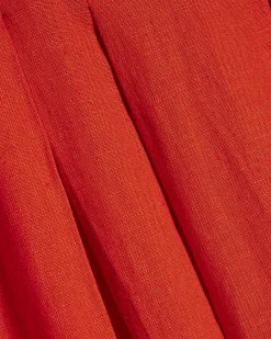 Red Linen Blend Shirred Midi Dress