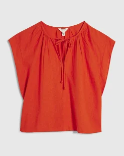 Red Linen Blend Tie Neck Short Sleeve Top