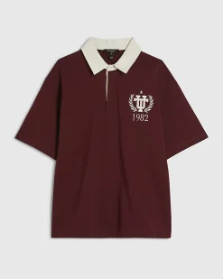 Red Oversized Fit Embroidered Rugby Shirt