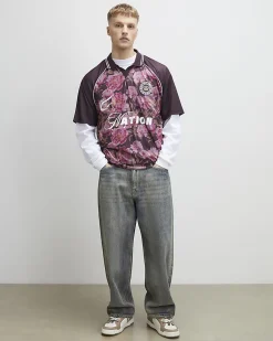Red Oversized Fit Floral Mesh Rugby Shirt
