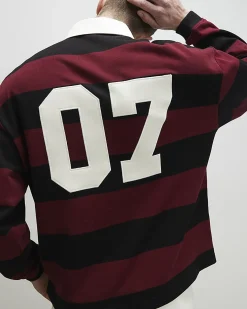 Red Oversized Striped Long Sleeve Rugby Shirt