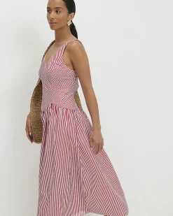 Red Petite V Neck Stripe Midi Dress