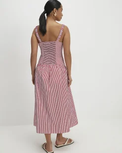Red Petite V Neck Stripe Midi Dress