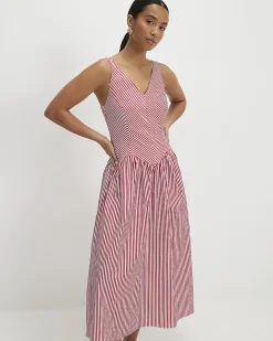 Red Petite V Neck Stripe Midi Dress