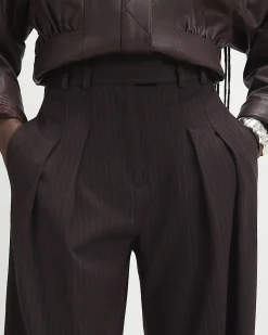 Red Pinstripe Pleated Wide Leg Trousers