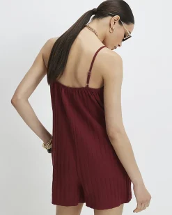 Red Ribbed Button Through Playsuit