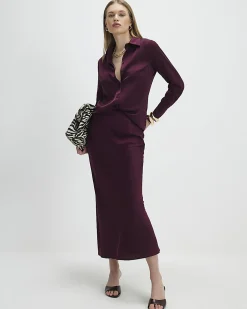 Red Satin Midi Skirt