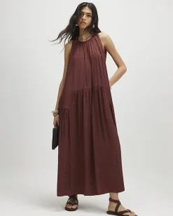 Red Satin Sleeveless Halter Neck Midi Dress