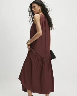 Red Satin Sleeveless Halter Neck Midi Dress