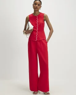 Red Scallop Linen Blend Wide Leg Trousers