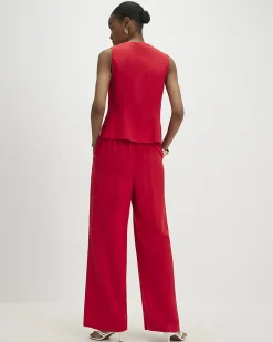Red Scallop Linen Blend Wide Leg Trousers