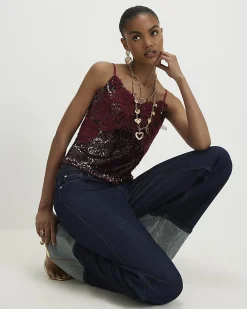 Red Sequin Lace Cami Top