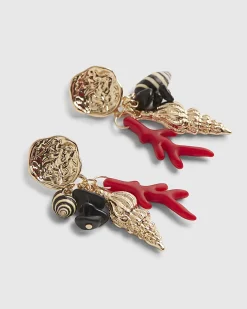 Red Shell Cluster Drop Earrings
