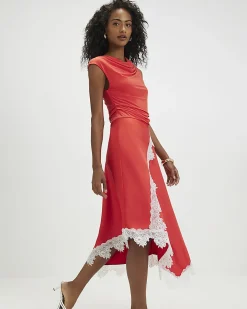 Red Short Sleeve Lace Hybrid Midi Dress