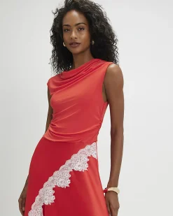 Red Short Sleeve Lace Hybrid Midi Dress