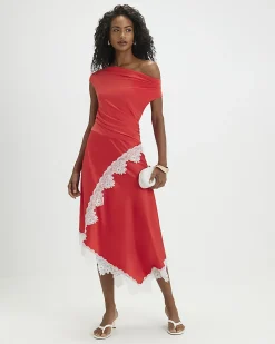 Red Short Sleeve Lace Hybrid Midi Dress
