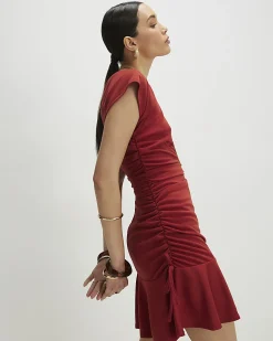 Red Short Sleeve Ruched Mini Dress