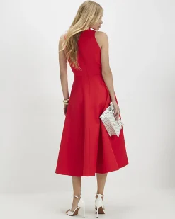 Red Sleeveless Belted Midi Dress