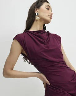 Red Sleeveless Ruched Midi Dress