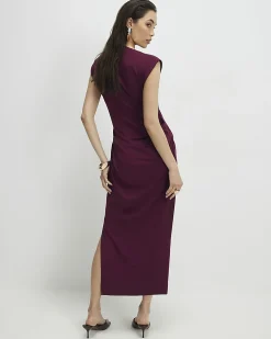 Red Sleeveless Ruched Midi Dress