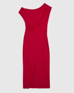 Red Stretch Draped Midi Dress