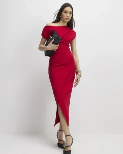 Red Stretch Draped Midi Dress