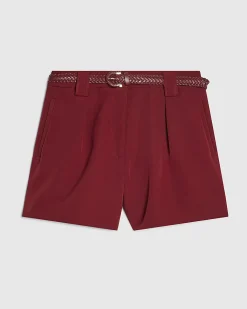 Red Tailored Plaited Belt Shorts