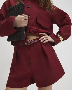 Red Tailored Plaited Belt Shorts
