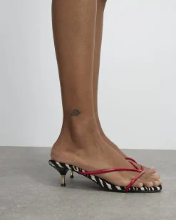 Red Zebra Skinny Strap Toe Thong Heels