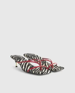 Red Zebra Skinny Strap Toe Thong Heels