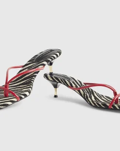 Red Zebra Skinny Strap Toe Thong Heels