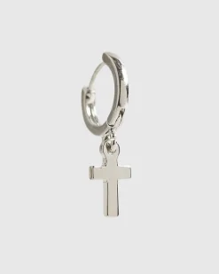 Silver Cross Drop Hoop Earrings