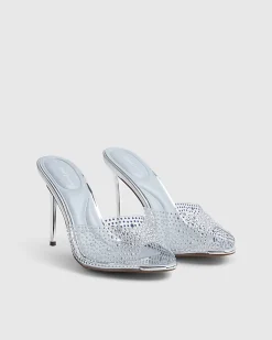 Silver Embellished Heeled Mule Sandals