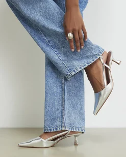 Silver Slingback Low Court Heels