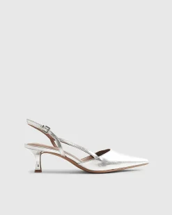 Silver Slingback Low Court Heels