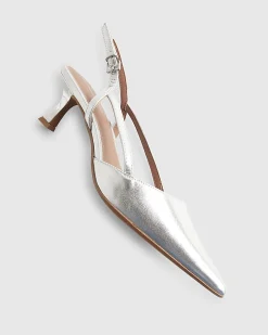 Silver Slingback Low Court Heels