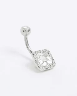 Silver Square Diamante Belly Bar