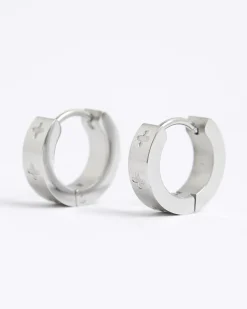 Silver Stainless Steel Cross Hoop Earrings