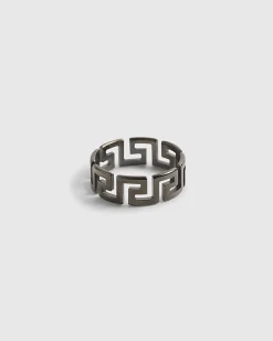 Silver Steel Greek Key Design Ring