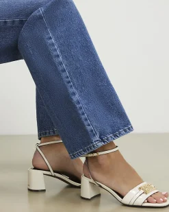 White Branded Block Heel Sandals