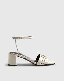 White Branded Block Heel Sandals