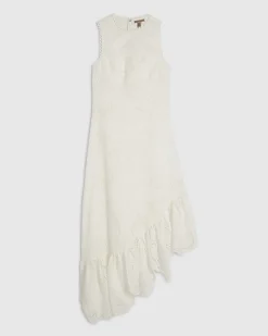 White Broderie Ruffle Hem Midi Dress