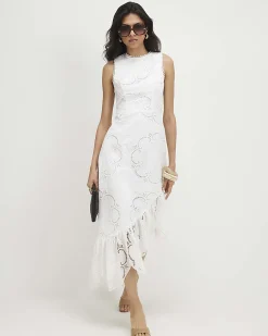 White Broderie Ruffle Hem Midi Dress