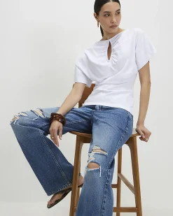 White Cotton Angel Sleeve Cut Out T-Shirt