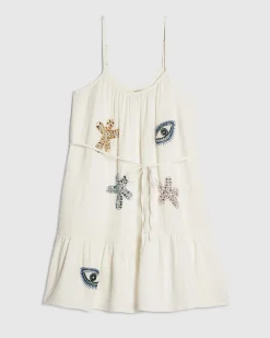 White Cotton Bead Embellished Cami Mini Dress