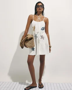 White Cotton Bead Embellished Cami Mini Dress