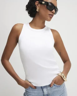 White Cotton Blend Built In Bra Vest Top