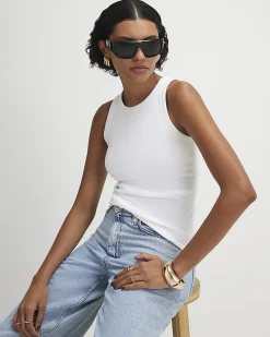 White Cotton Blend Built In Bra Vest Top
